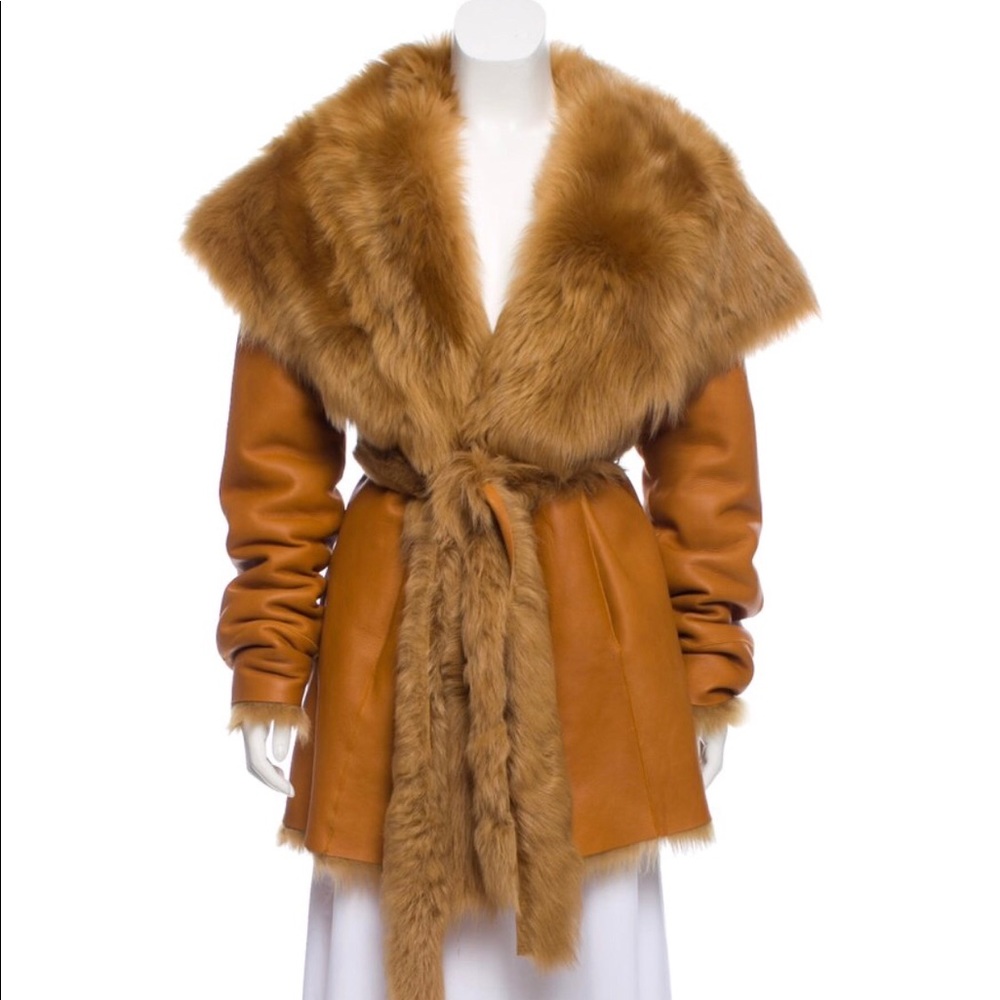 J. Mendel beige shearling coat with hood collar